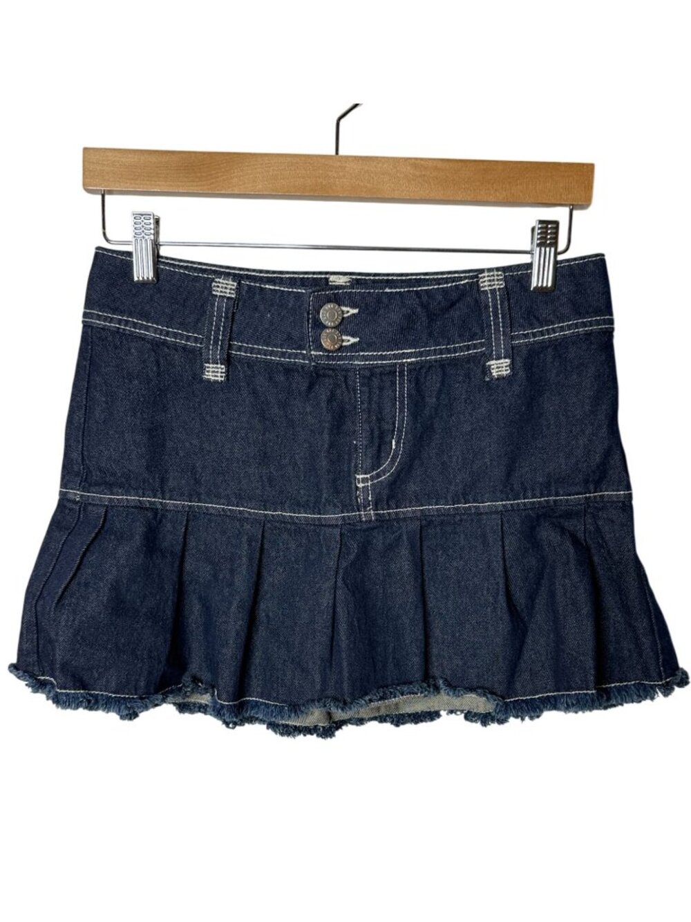 BDG Urban Outfitters Denim Mini Skirt XS Dark Wash Pleated Ruffle Raw Hem Y2K